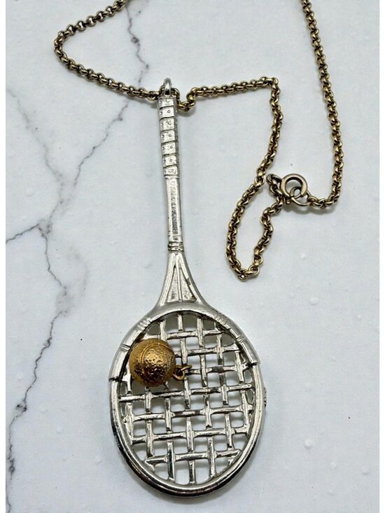 Unknown Jewelry - Vintage Tennis Racket Large Pendant Necklace 18" Gold and Silver Tone Sports 80s